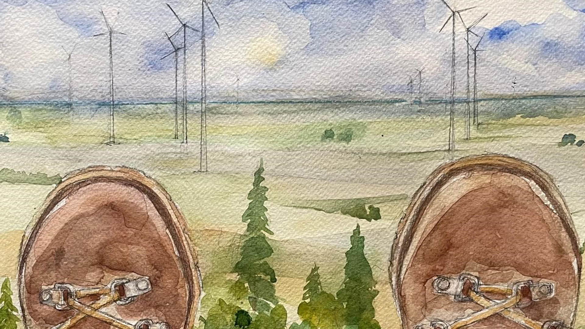 Illustratör: Marina Stenby Målning av ett par skospetsar och en vy över vindkraftspark.